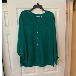 Susan Graver Blue Long Sleeve Button Down Tops With Pockets 14